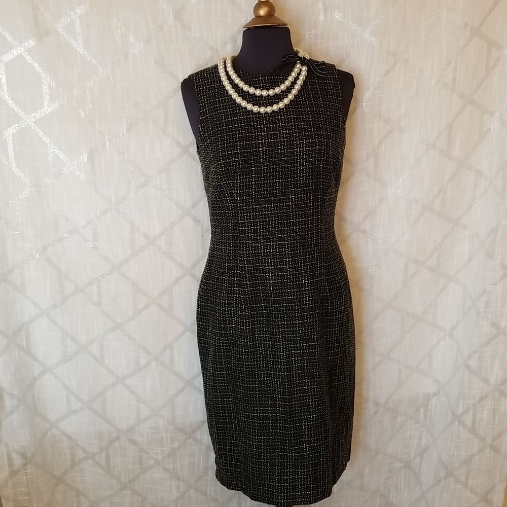 Vintage David Meister Tweed Dress Sz 10 Double Faux Pearl Neckline Black Career